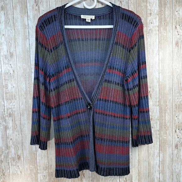 Coldwater Creek Womens Striped Knit Cardigan Sweater Blue Red Green Button  sz S - Picture 1 of 7